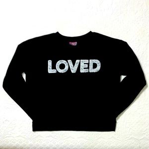 Betsy Johnson Sweatshirt “LOVED” Lace Appliqué Beautiful Size Large